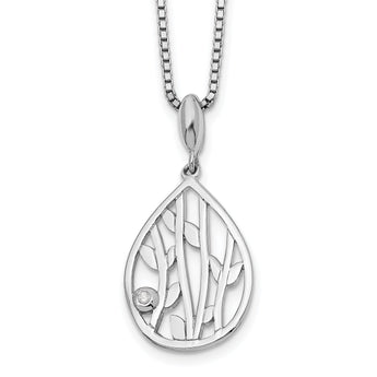 Sterling Silver Diamond Leaf Pendant Necklace with Rhodium Finish and Extender