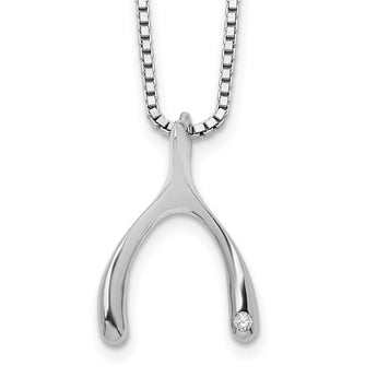 Sterling Silver Diamond Wishbone Pendant Necklace with Rhodium Polish
