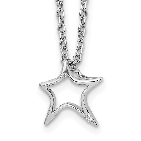 Sterling Silver Diamond Star Necklace with Polished Rhodium Finish