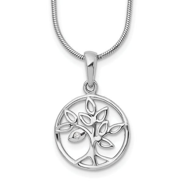 Sterling Silver Diamond Tree Necklace with Rhodium-Plated Elegance