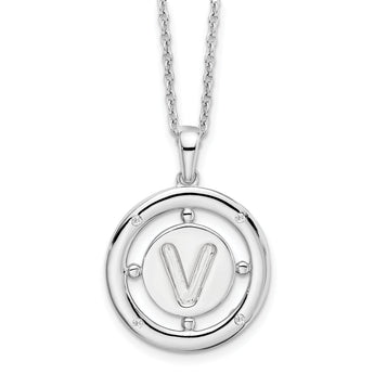White Ice Sterling Silver Rhodium-Rhodium-Plated 18 Inch Diamond Letter V Initial Necklace with 2 Inch Extender