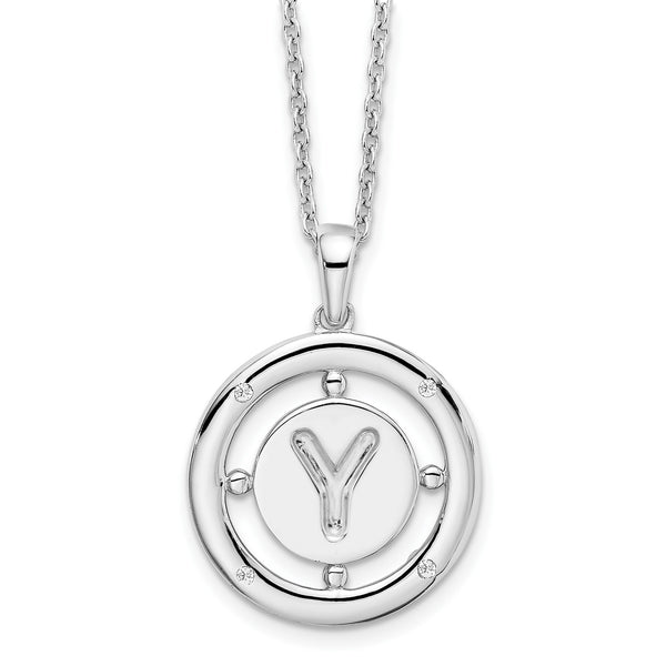 White Ice Sterling Silver Rhodium-Rhodium-Plated 18 Inch Diamond Letter Y Initial Necklace with 2 Inch Extender - Birthstone Company
