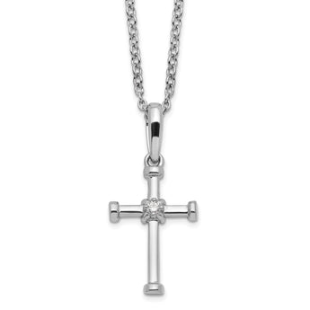 White Ice Sterling Silver Rhodium-Rhodium-Plated 18 Inch Diamond Cross Necklace with 2 Inch Extender