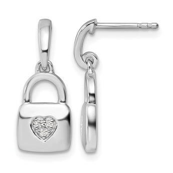 White Ice Sterling Silver Rhodium-plated Diamond Heart Lock Dangle Post Earrings - Birthstone Company