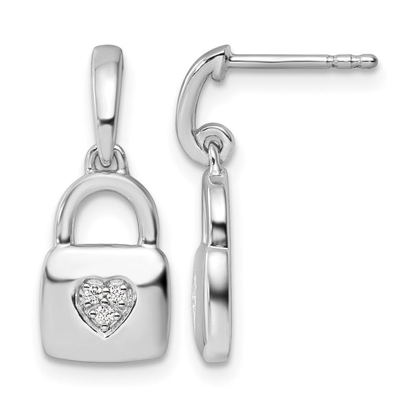 White Ice Sterling Silver Rhodium-plated Diamond Heart Lock Dangle Post Earrings - Birthstone Company