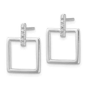 Sterling Silver RH Plated White Ice .05ct. Dia. Square Post Dangle Earrings