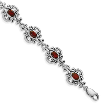 Sterling Silver Rhodium Plated Antiqued Garnet Bracelet - Birthstone Company