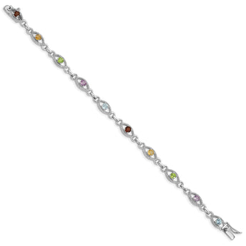 Sterling Silver 7in Rhod Plated Multicolored Gemstone Link Bracelet - Birthstone Company
