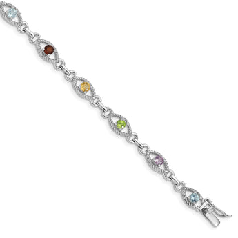 Sterling Silver 7in Rhod Plated Multicolored Gemstone Link Bracelet - Birthstone Company
