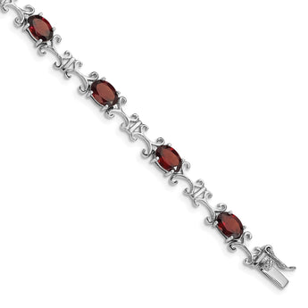 Sterling Silver Rhodium-plated Garnet Oval Bracelet - Birthstone Company