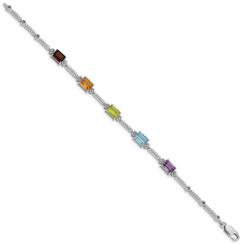 Sterling Silver Rhodium-plated Multi Gemstone & Diamond Tennis Bracelet - Birthstone Company