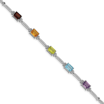 Sterling Silver Rhodium-plated Multi Gemstone & Diamond Tennis Bracelet - Birthstone Company