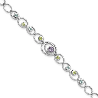 Sterling Silver Rhodium-plated w/Peridot, Blue Topaz &Amethyst Bracelet - Birthstone Company