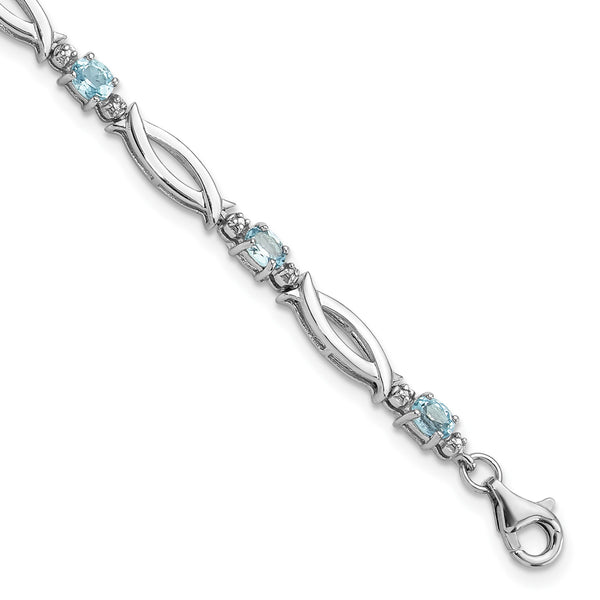 Sterling Silver Rhodium-Rhodium-Plated Light Swiss Blue Topaz and Diamond Bracelet 7.25 in - Birthstone Company