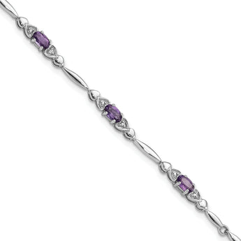 Sterling Silver Rhodium-Rhodium-Plated Amethyst and Diamond Heart 7.5in Bracelet