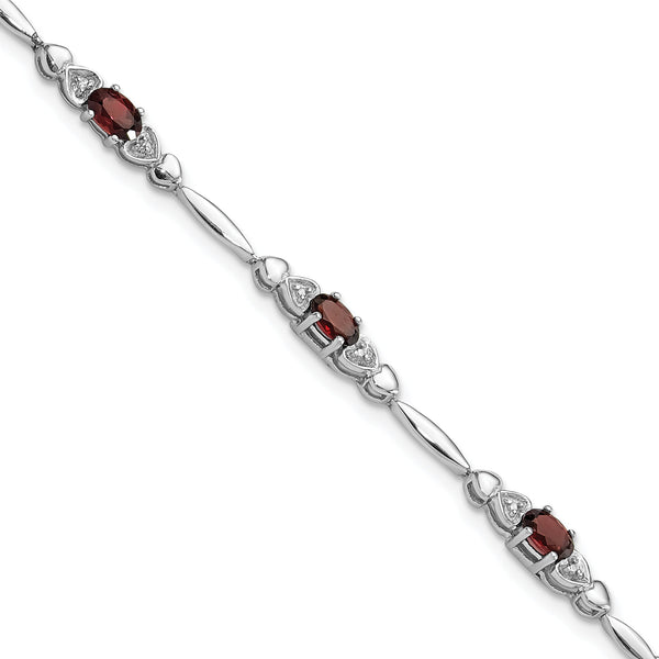 Sterling Silver Rhodium-Rhodium-Plated Garnet and Diamond Heart 7.5in Bracelet