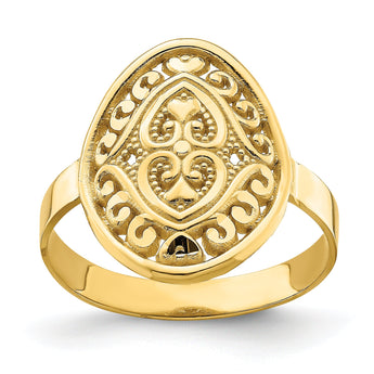 14k Oval Shield With Double Hearts Ring