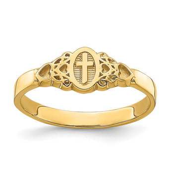 14K Cross Inside Oval WithScroll and Heart Ring