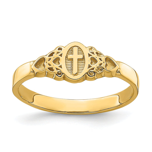 14K Cross Inside Oval WithScroll and Heart Ring