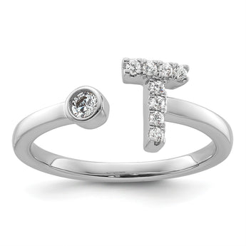 14k White Gold 1/6 carat Lab Grown Diamond VS/SI+ G+ Initial T Adjustable Ring - Birthstone Company