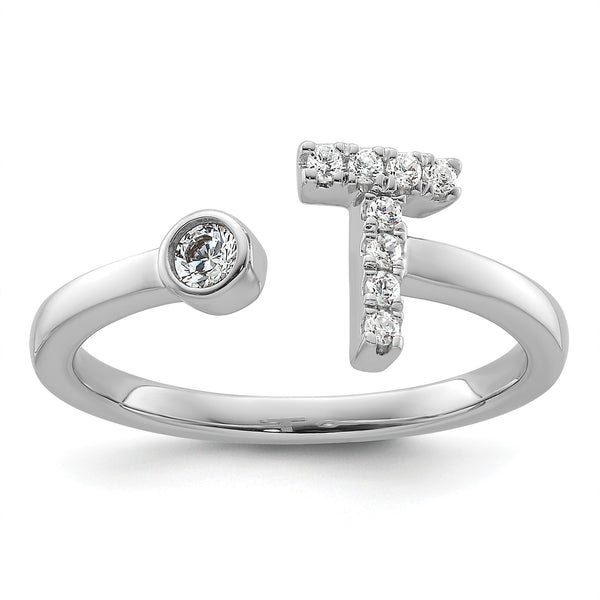 14k White Gold 1/6 carat Lab Grown Diamond VS/SI+ G+ Initial T Adjustable Ring - Birthstone Company