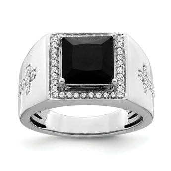14k White Gold Onyx and Diamond Cross Mens Ring