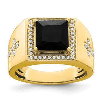 Men's Onyx and Lab-Grown Diamond Side Cross Ring in 14K Yellow Gold (1/2 ct. tw.), Size 10