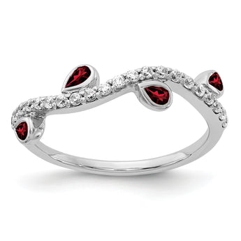 14k White Gold Diamond and Pear Garnet Curved Ring - Birthstone Company