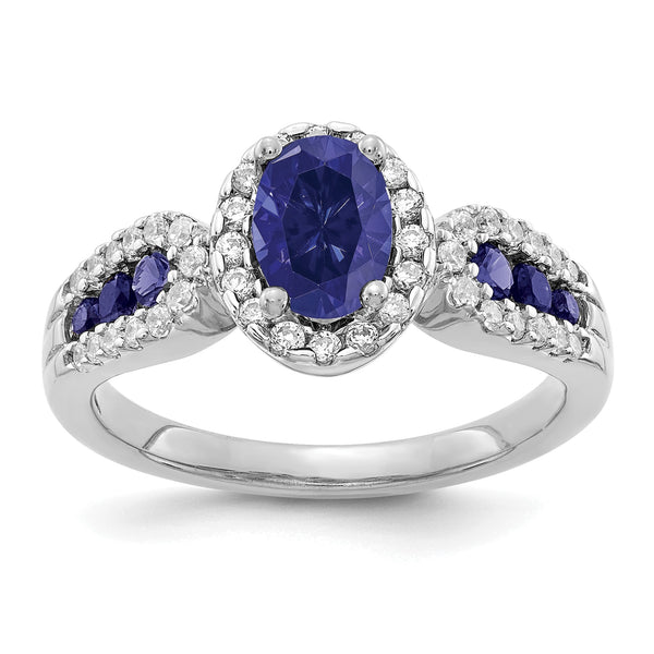 10k White Gold 1/3 carat Lab Grown Diamond VS/SI+ G+ and Oval Lab Created Blue Sapphire Ring