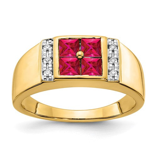 Men's Lab-Grown Diamond & Lab-Created Ruby Ring in 14K Yellow Gold (1/20 ct. tw.), Size 10