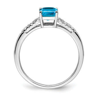 14k White Gold Emerald-cut Blue Topaz and Diamond Ring, Size 7 - Birthstone Company