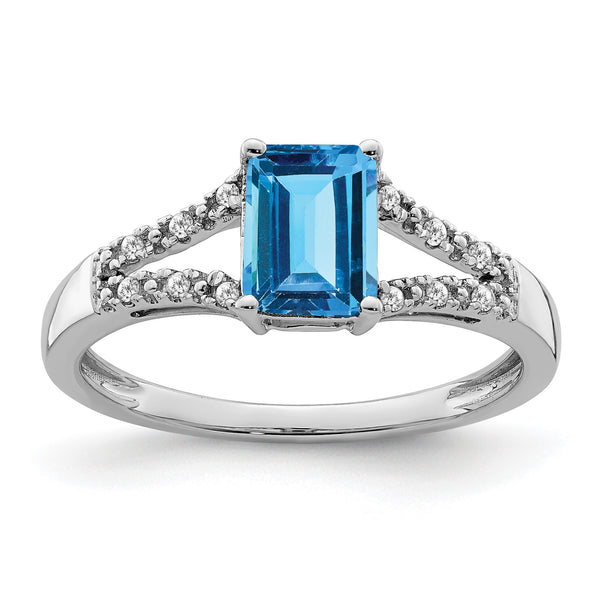 14k White Gold Emerald-cut Blue Topaz and Diamond Ring, Size 7 - Birthstone Company