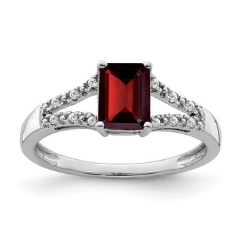14k White Gold Emerald-cut Garnet and Diamond Ring, Size 7 - Birthstone Company
