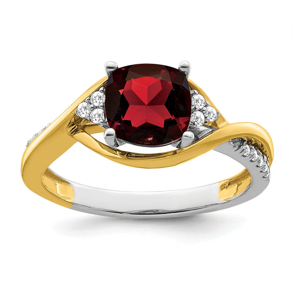 14k Two-tone Cushion Garnet and Diamond Ring