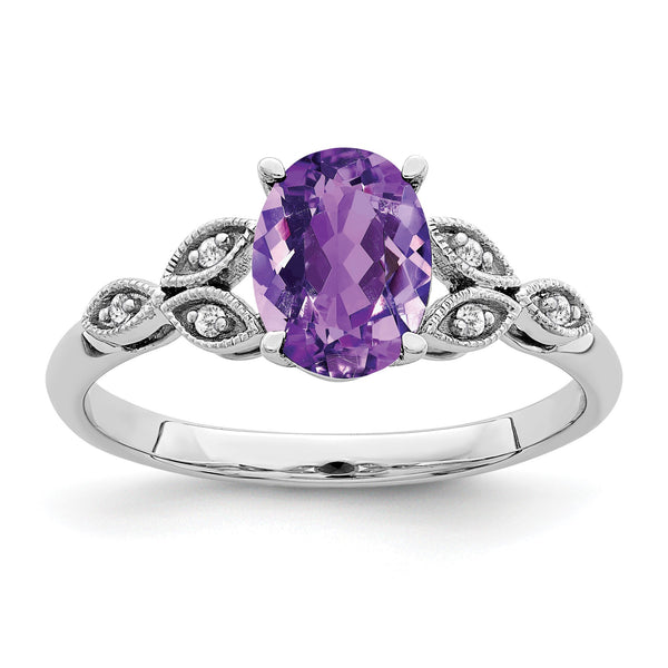 14k White Gold Oval Amethyst and Diamond Ring, Size 7 - Birthstone Company