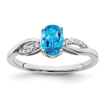 14k White Gold Oval Blue Topaz and Diamond Ring, Size 7 - Birthstone Company