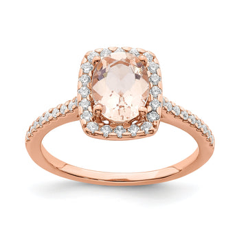 Pure Serenity 14k Rose Gold 1/3 carat Lab Grown Diamond VS/SI+ G+ and Long Cushion Morganite Halo Engagement Ring