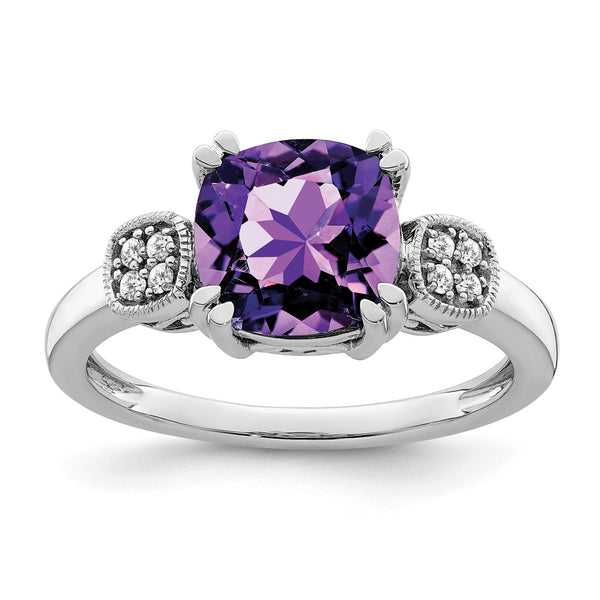 14k White Gold Amethyst and Diamond Ring, Size 7 - Birthstone Company