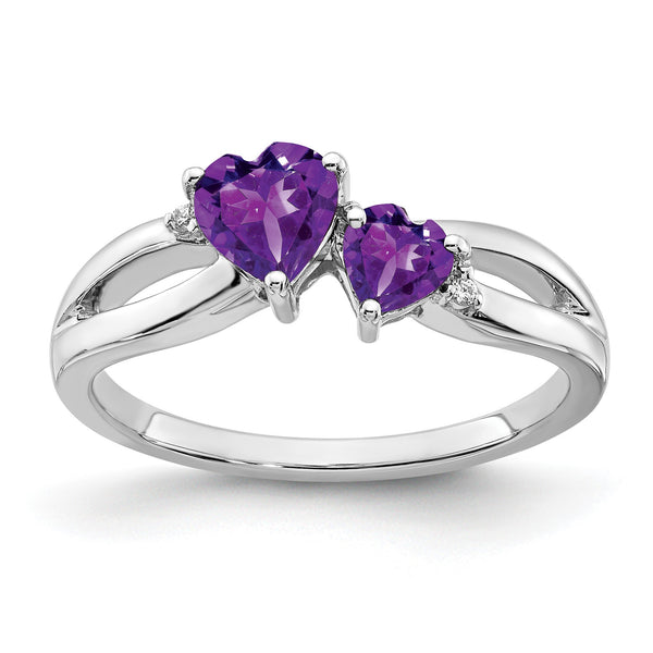 10k White Gold Amethyst and Diamond 2-stone Heart Ring, Size 7 - Birthstone Company