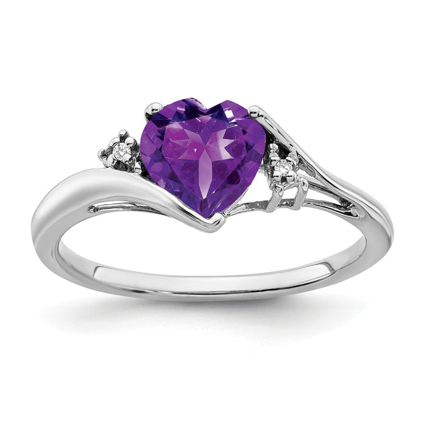 14k White Gold Amethyst and Diamond Heart Ring, Size 7 - Birthstone Company