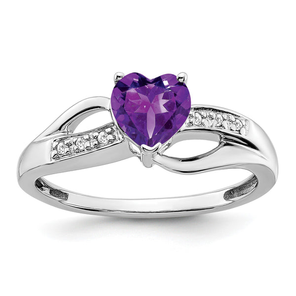 10k White Gold Amethyst and Diamond Heart Ring, Size 7 - Birthstone Company