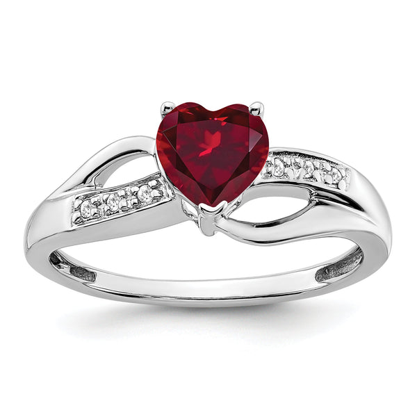 14k White Gold Created Ruby and Diamond Heart Ring