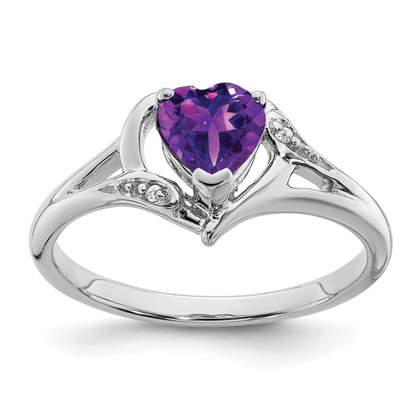 14k White Gold Amethyst and Diamond Heart Ring, Size 7 - Birthstone Company