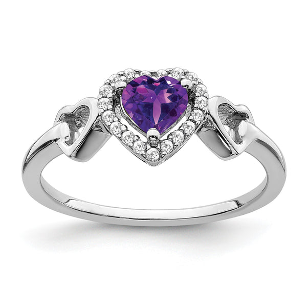 14k White Gold Amethyst and Diamond Heart Ring, Size 7 - Birthstone Company