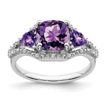 10k White Gold 3 Stone Amethyst and Diamond Ring, Size 7 - Birthstone Company