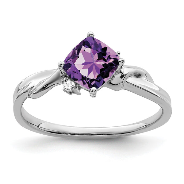 14k White Gold Cushion Amethyst and Diamond Ring, Size 7 - Birthstone Company