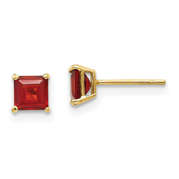 14K Gold Garnet Square Stud Earrings with Polished Finish