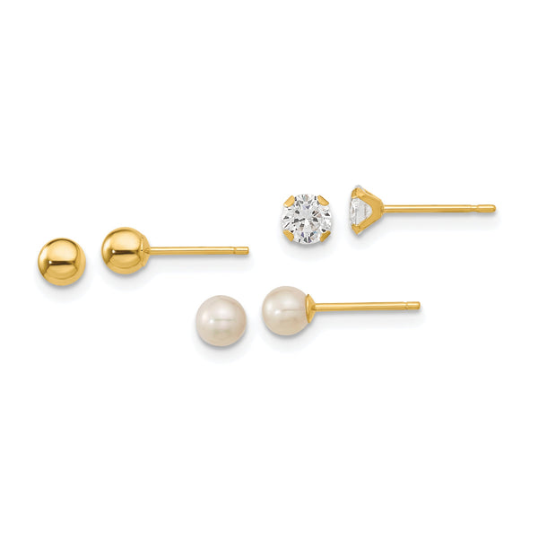 14K Gold Child's Earring Set with CZ & Freshwater Pearls Elegant Trio