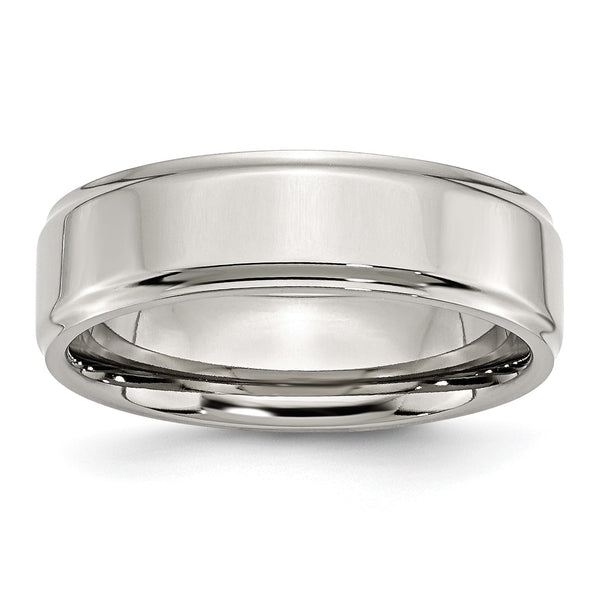 Stainless Steel Ridged Edge 7mm Polished Band - Birthstone Company