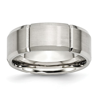 Stainless Steel Beveled Edge Grooved 8mm Brushed/Polished Band - Birthstone Company